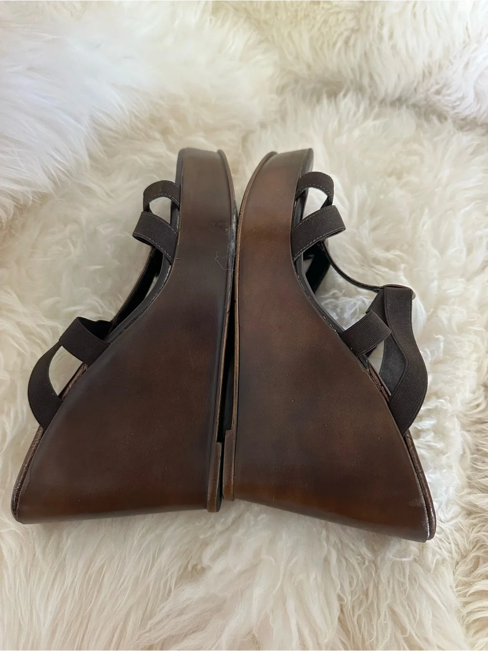 Charles David Italian Dark Brown T-Strap Platform Wedge Sandals